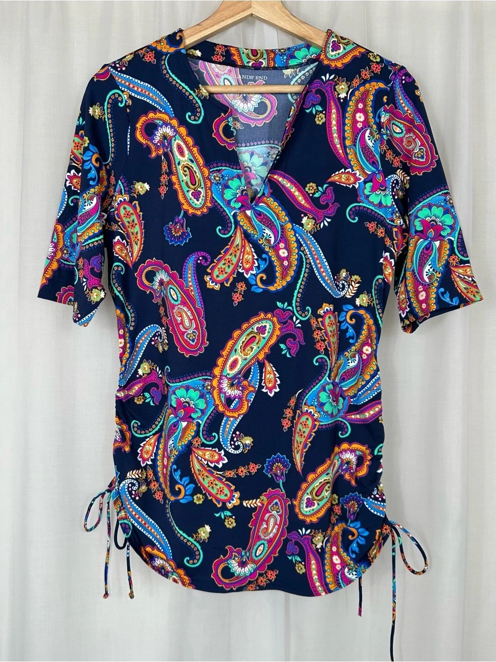 Lands End Blue Paisley Swim Cover Up Tunic Top Size S/6-8 Adjustable Side Ruched